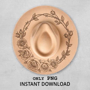 May include: A tan-colored fedora hat with a decorative floral design. The hat features a detailed illustration of roses and barbed wire around the brim. The text "ONLY PNG INSTANT DOWNLOAD" is at the bottom.