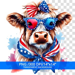 Patriotic Highland Cow PNG, 4th of july Sublimation Design, Trendy America USA, Digital Download