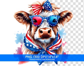 Patriotic Highland Cow PNG, 4th of july Sublimation Design, Trendy America USA, Digital Download