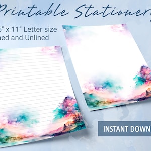 Printable Stationery lined paper with magical beautiful watercolor mountain scenery and sea, Printable Writing Paper,  Goodnotes template