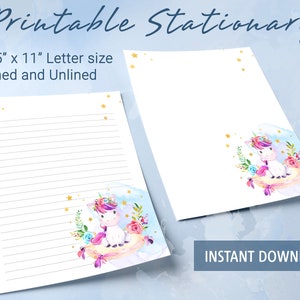 Unicorn Printable Stationery lined paper, Cute Printable Writing Paper, Letter Writing Paper, Personalized notepad