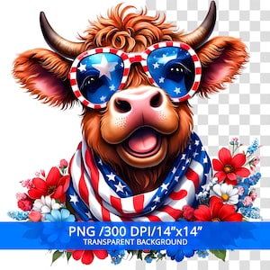 Patriotic Highland Cow PNG, 4th of july Sublimation Design, Trendy America USA, Digital Download