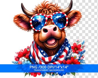 Patriotic Highland Cow PNG, 4th of july Sublimation Design, Trendy America USA, Digital Download