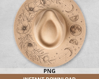 Moon Phase Hat Burning Design PNG, Botanical Witchy Pattern for Wide Brim Hats