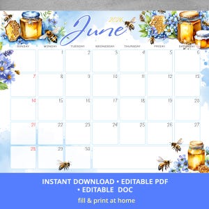 Calendario mensual editable de junio de 2026, diseño de acuarela de abejas, PDF y Word editables. imagen 4