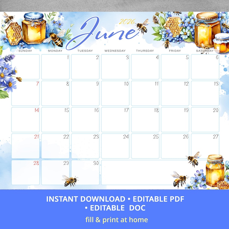 Calendario mensual editable de junio de 2026, diseño de acuarela de abejas, PDF y Word editables. imagen 4