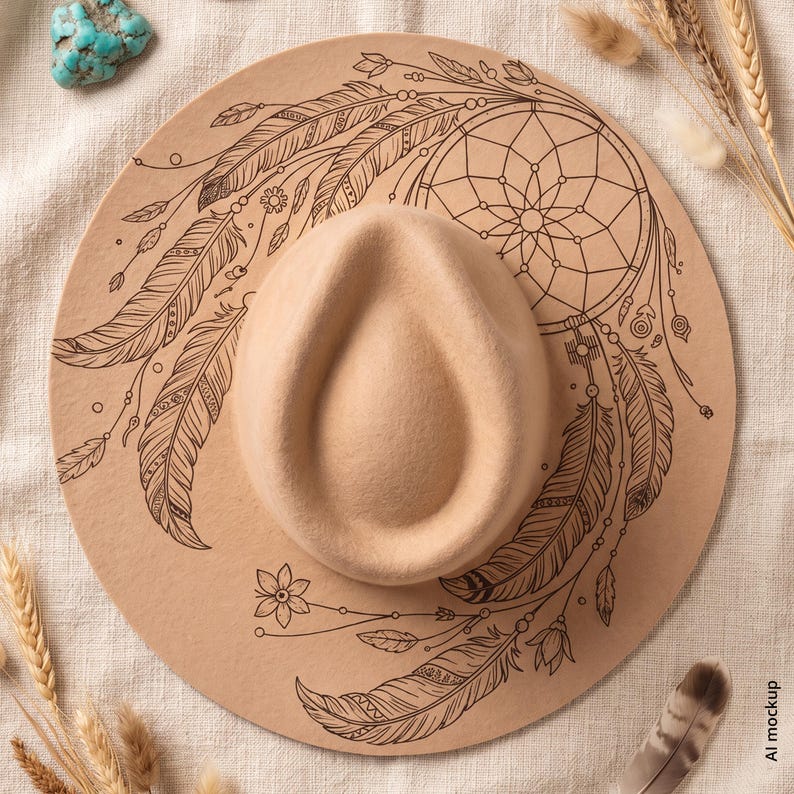 Dreamcatcher Hat Burning Design, Boho Western Hat Engraving Template with Feathers, PNG PDF image 8