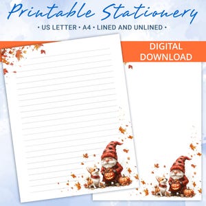 Papel rayado imprimible, papel para escribir cartas de Halloween con un gnomo y un pequeño cachorro de corgi, tamaño A4 y carta de EE. UU., plantilla de Goodnotes