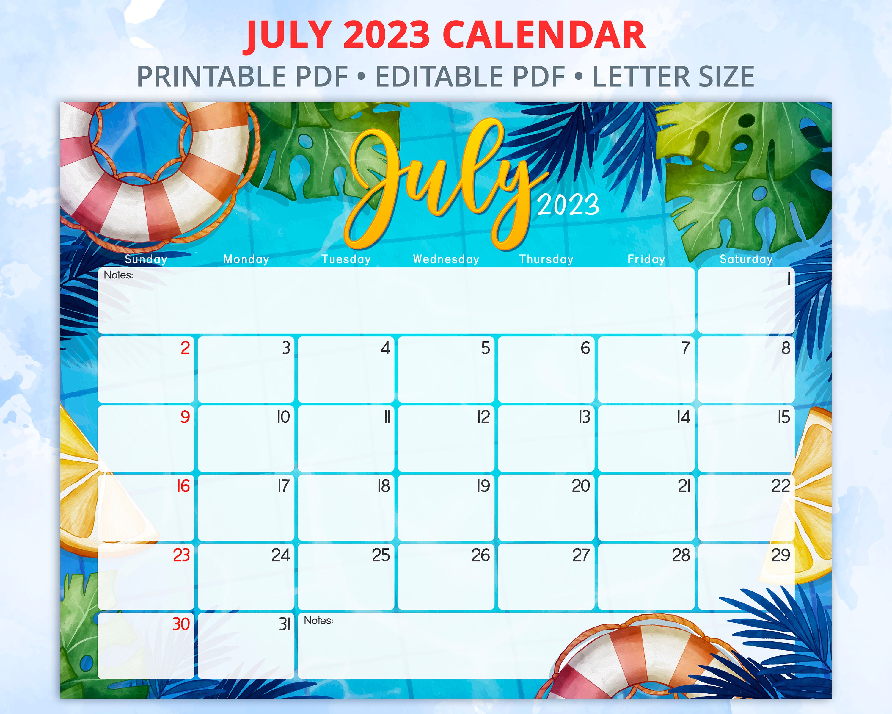 Editable July Calendar 2023 Watercolor Summer Calendar - Etsy