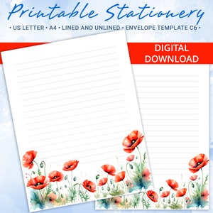 Papel rayado de papelería imprimible, papel para escribir cartas con flores de amapolas brillantes, tamaño A4 y carta estadounidense, incluye plantilla de sobre