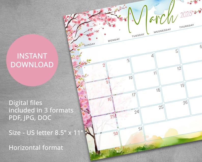 March 2025 Calendar, Editable March Calendar With Spring Background March Calendar 2025 Etsy