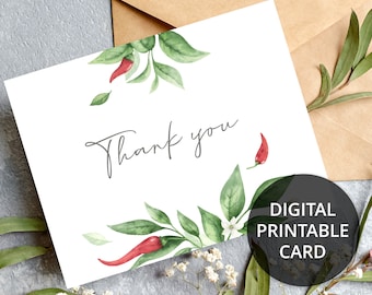 Floral Thank You card printable with painted red hot chili pepper, Thank You Note, Wedding Thank You Card