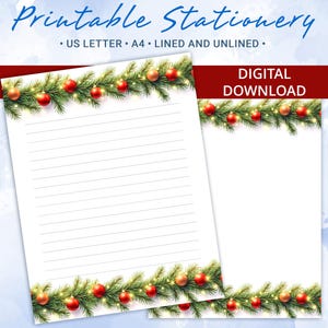 Papel rayado imprimible, papel para escribir cartas con ramas de abeto y adornos navideños, tamaño A4 y carta de EE. UU., plantilla de Goodnotes
