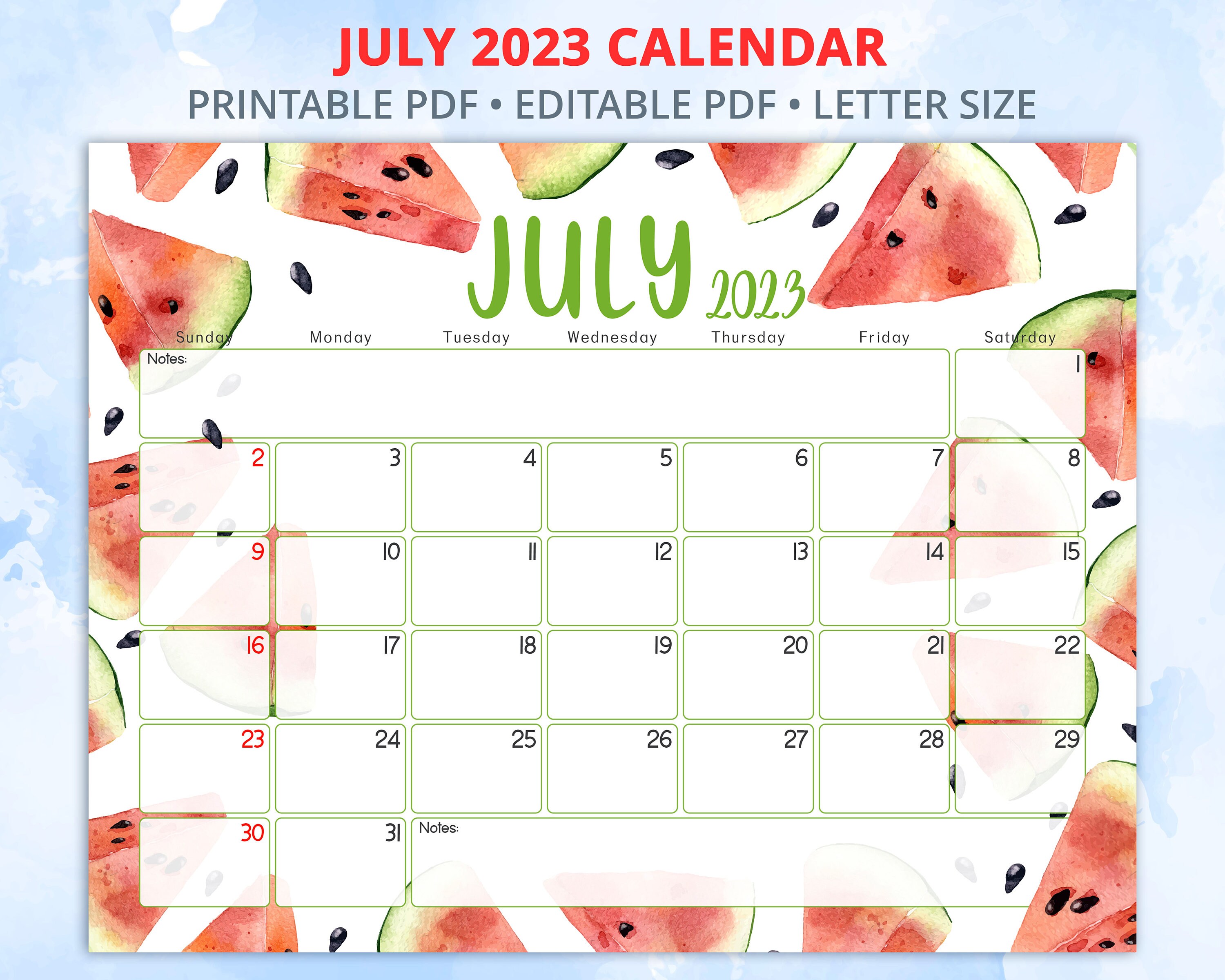 Editable July Calendar 2023 Watercolor Summer Calendar With - Etsy