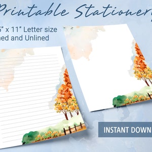 Papel de carta imprimible con árboles amarillos en acuarela en el campo, papel de carta imprimible, plantilla de Goodnotes