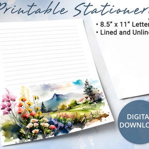Papel rayado imprimible con paisaje de montaña, papel de carta imprimible, plantilla de Goodnotes, juego de escritura de cartas