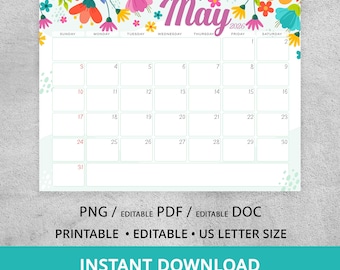 Calendario floral de mayo de 2026, editable e imprimible (PDF, DOC, PNG)