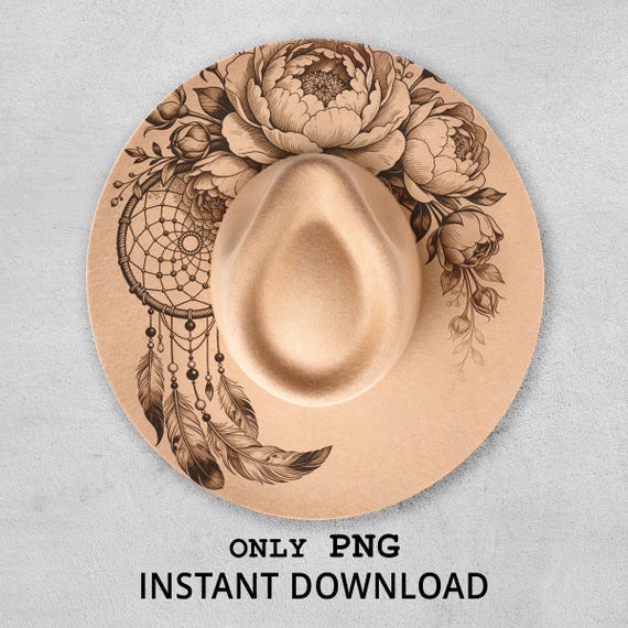 Boho Floral Dreamcatcher Hat Burning Designs, Flower Hat Engraving Template, Western Hat Brim Design