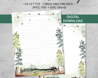 Watercolor Woodland Printable Stationery, Forest Landscape Writing Paper, Lined and Unlined US Letter