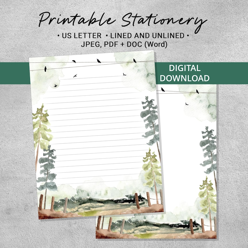 Watercolor Woodland Printable Stationery, Forest Landscape Writing ...