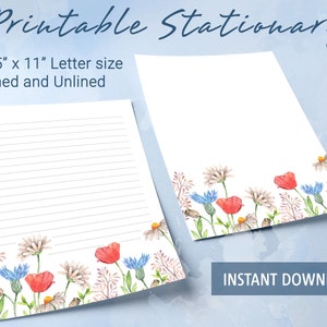 Papel rayado para papelería imprimible con motivos florales, papel para escribir imprimible con flores silvestres en acuarela, papel para escribir cartas, bloc de notas personalizado