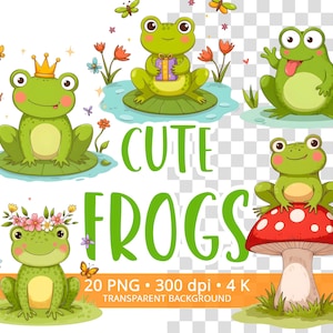 Cute Frog Clipart Bundle 20 PNG, Funny Kawaii Frogs with Flowers, Mushrooms, Crowns,  Funny Frog Graphics  for Stickers & Sublimation
