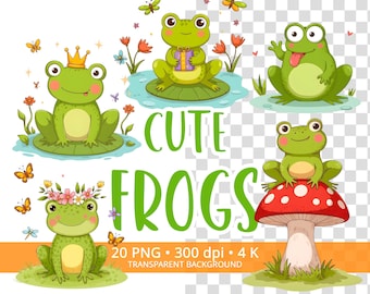 Cute Frog Clipart Bundle 20 PNG, Funny Kawaii Frogs with Flowers, Mushrooms, Crowns,  Funny Frog Graphics  for Stickers & Sublimation