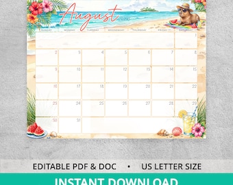 August 2026 Calendar, Capybara Desk Planner, Beach Aesthetic Monthly Schedule, Editable Summer Calendar