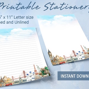 Afdrukbaar briefpapier, gelinieerd papier met set beroemde bezienswaardigheden, afdrukbaar briefpapier, Goodnotes-sjabloon