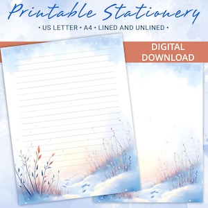 Papel rayado imprimible, papel para escribir cartas con un hermoso paisaje invernal, tamaño A4 y carta de EE. UU., plantilla Goodnotes