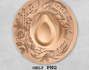 Amazing Grace Hat Burn Design PNG, Christian Cross Rose Laser File, Floral Music Fedora Engraving