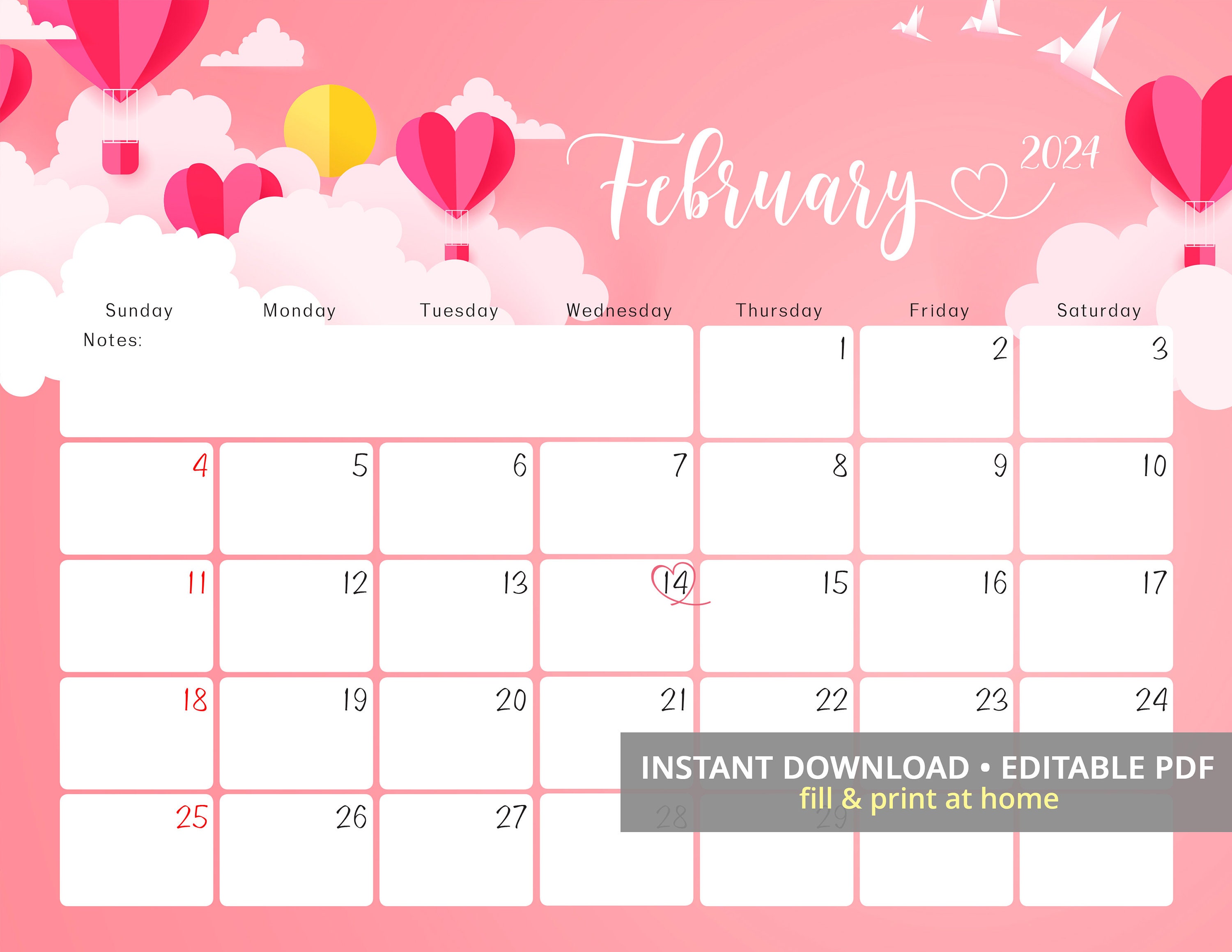 Editable February 2024 Calendar, February Calendar With Valentine's Day  Hearts, Editable & Printable Monthly Planner, Instant Download - Etsy