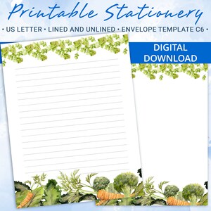 Papel de carta imprimible con mezcla de verduras y ensalada verde, papel de carta imprimible, plantilla de Goodnotes, incluye plantilla de sobre