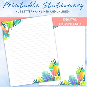 Papel rayado de papelería imprimible, papel para escribir cartas con helado y hojas tropicales, tamaño A4 y carta estadounidense, plantilla Goodnotes