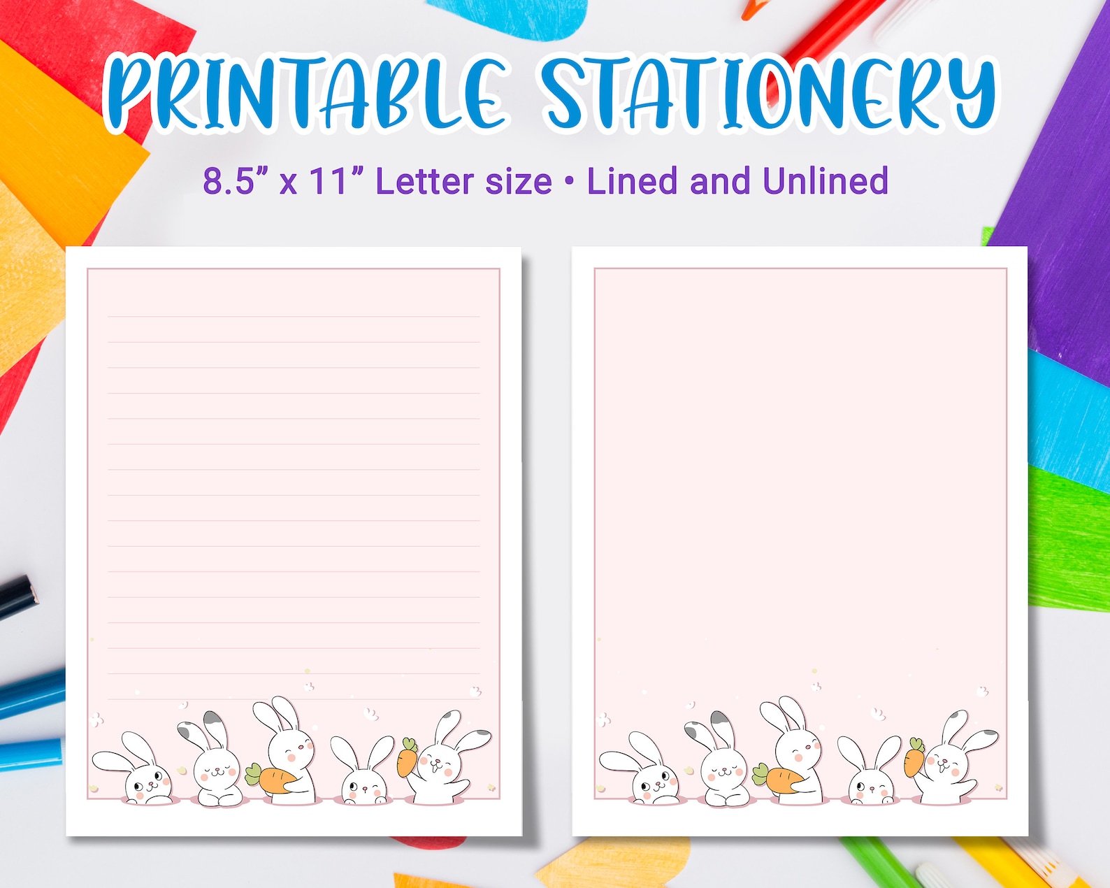 Kawaii Stationery Printable for Kids, Printable Letter Writing With White Bunny, Cute Stationary ...