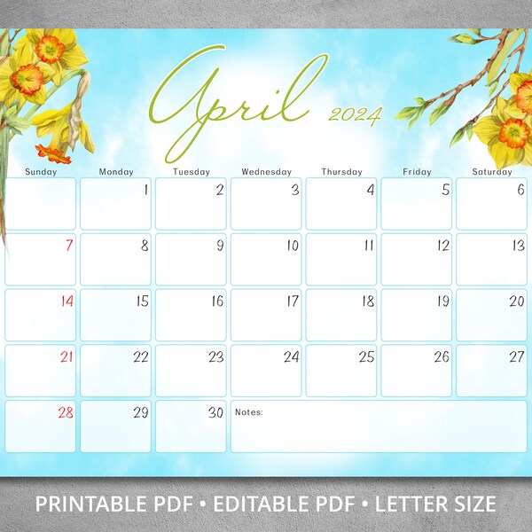 Editable April 2024 Calendar with flowers daffodils, Spring floral Fillable Planner, Spring wall calendar, Fillable Classroom Calendar