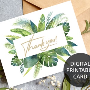 Biglietto di ringraziamento floreale stampabile con foglie e rami tropicali, biglietto di ringraziamento, biglietto di ringraziamento per matrimonio, biglietto di ringraziamento per baby shower