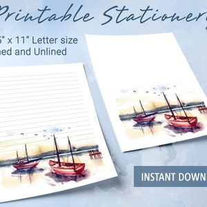 Papelería imprimible con paisaje natural al atardecer con puerto y barco, papel de escritura imprimible, plantilla de Goodnotes