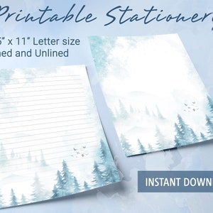 Papel rayado imprimible con paisaje de montañas congeladas, papel para escribir imprimible, plantilla de Goodnotes