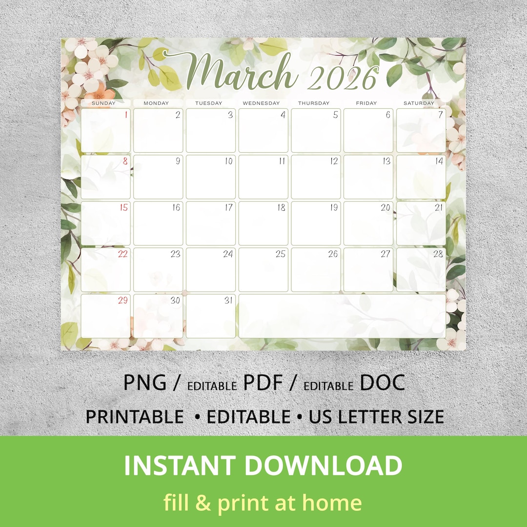 March 2026 Calendar, Editable March Calendar With Spring Background ...
