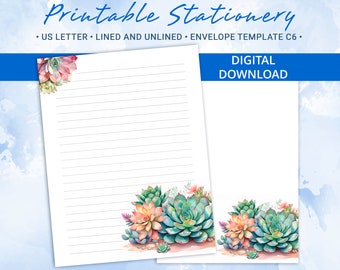 Printable Stationery paper with colorful succulents, Printable Writing Paper,  Goodnotes template, Includes C6 envelope template