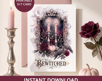 Gothic Halloween Card Printable, Raven and Candle Bewitched Greeting
