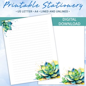 Papel rayado de papelería imprimible, papel para escribir cartas con suculentas, tamaño A4 y carta estadounidense, plantilla Goodnotes, licencia comercial