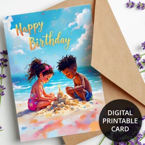 印刷可能な誕生日カード、印刷可能な面白い誕生日カード、ビーチにいる子供たちのデジタル誕生日カード、5x7 グリーティング カード
