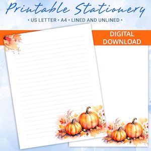 May include: Printable stationery featuring a fall theme with orange pumpkins and autumn leaves. The stationery is available in both lined and unlined options. The text "DIGITAL DOWNLOAD" is displayed in the upper right corner of the image.