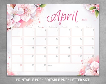 Editable April 2024 Calendar, Floral Printable Fillable Planner with cherry blossom, Spring wall calendar, Fillable Classroom Calendar