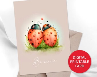 Printable Valentines Day Card, Card with couple of cute ladybugs in love, Funny Printable Valentine's Card , Valentines day card for him her