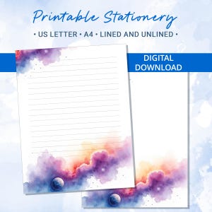 May include: Printable stationery with a watercolor design. The design features a colorful nebula with shades of purple, orange, and blue. The stationery is available in US Letter and A4 sizes, lined and unlined. The words "Printable Stationery" and "Digital Download" are visible.