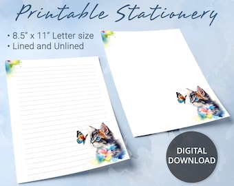 Afdrukbaar briefpapier met dieren, gelinieerd papier, afdrukbaar briefpapier met kat en vlinders, Goodnotes-sjabloon