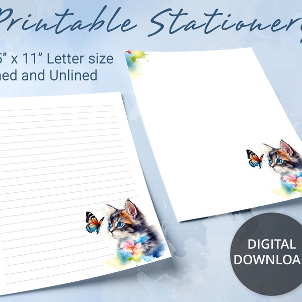 Animal Printable Stationery lined paper, Printable Writing Paper with cat and butterflyes, Goodnotes template